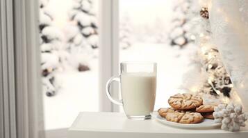 ai generativ mjölk och småkakor i de jul fönster vänster ut för santa foto