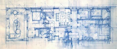 generativ ai, blå skriva ut golv planen, arkitektonisk bakgrund, teknisk dra foto