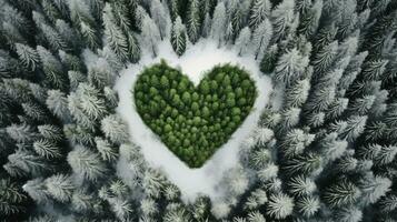 generativ ai, dimmig vinter- gran skog med hjärta form, skön landskap i hipster årgång retro stil, vintergröna träd med visa foto