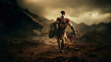 generativ ai, realistisk illustration av en våldsam gladiator attackera, löpning. armerad roman gladiator i bekämpa svängande en svärd laddning mot hans fiende. foto