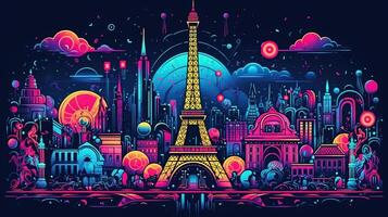 vykort med natt paris, de eiffel torn, geometrisk neon stil. ai genererad foto