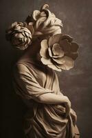 generativ ai, fotorealistisk antik skulptur och blommor, dämpad neutral färger, 3d stil keramisk staty foto
