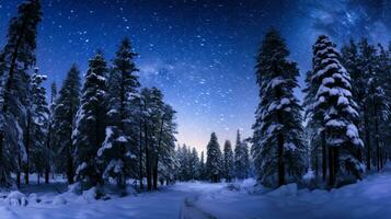 ai generativ tall skog i vinter- hopkrupen med en tjock vit snö filt foto