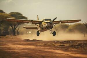 årgång flygplan landning i de öken- av afrika. årgång stil, små stötta plan, landning på smuts landning remsa i afrika, ai genererad foto