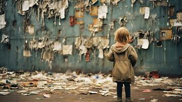 en liten flicka ensam eftersom av de krig. ai genererad. foto