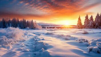 fantastisk vinter- landskap. dramatisk mulen himmel ai genererad foto