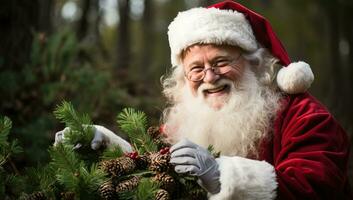 porträtt av santa claus innehav jul krans i de skog ai genererad foto