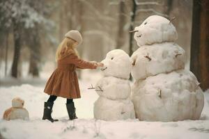 skojsälskande flicka spela stor snögubbe. generera ai foto