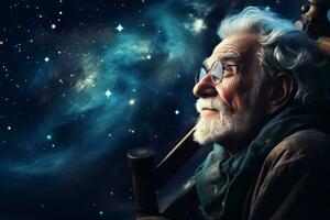 astronom gammal man starry himmel natt. generera ai foto