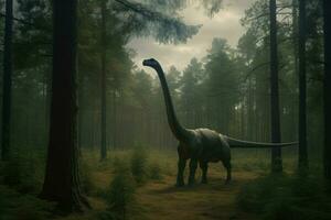 brachiosaurus gående i tallar skog. generera ai foto