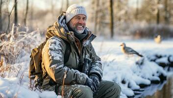 man Sammanträde på de jord i vinter- skog. ai genererad. foto