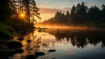 dimmig morgon- på de flod i de skog. skön landskap. ai genererad. foto