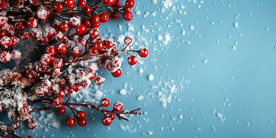 jul bakgrund med röd bär och snöflingor på blå bakgrund ai genererad foto