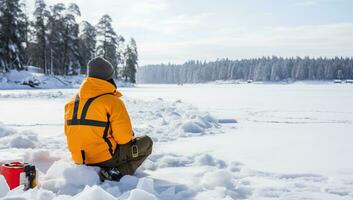 man i gul jacka Sammanträde på snö och ser på frysta sjö ai genererad foto