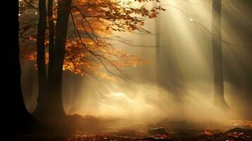 dimmig höst skog med dimma och solstrålar i de bakgrund. ai genererad. foto