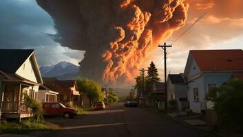 vulkanisk utbrott i förorts grannskap ai genererad foto