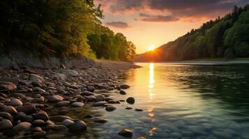 solnedgång på de flod. skön landskap med en flod. ai genererad. foto
