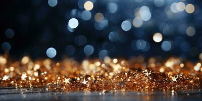 gyllene glitter jul abstrakt bakgrund med bokeh defocused lampor ai genererad foto