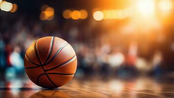 basketboll boll på de golv av en basketboll domstol med suddig bakgrund. ai genererad. foto