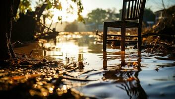 trä- stol i en pöl efter en översvämning ai genererad foto