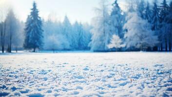 skön vinter- landskap med snöig fält och träd i de skog. ai genererad. foto