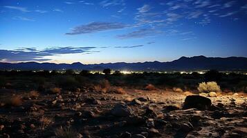 öken- landskap på natt med starry himmel och bergen i de bakgrund. ai genererad. foto