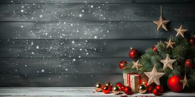 jul hälsning kort. festlig dekoration på trä- bakgrund. ny år begrepp. ai genererad. foto