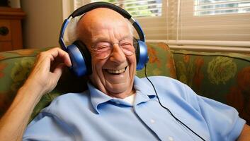 äldre man lyssnande till musik med hörlurar på en soffa på Hem. ai genererad. foto