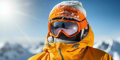 närbild av en snowboardåkare i en hjälm och glasögon på de bakgrund av bergen ai genererad foto