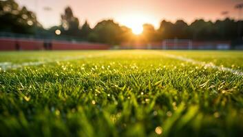 fotboll fält med gräs och solnedgång. ai genererad. foto