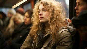 ung skön flicka med lång lockigt hår på de tåg. ai genererad. foto
