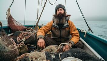 fiskare med en lång skägg och mustasch i en gul jacka är Sammanträde på en fiske båt. ai genererad. foto