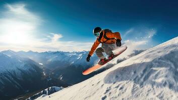 flygande snowboardåkare på berg. extrem vinter- sport ai genererad foto
