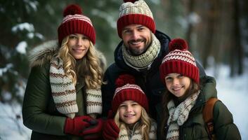 porträtt av Lycklig familj i vinter- kläder leende i skog. ai genererad. foto