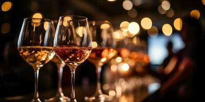 glasögon av vin på de tabell i en restaurang eller bar ai genererad foto