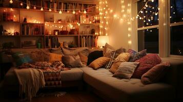 mysigt levande rum med bekväm soffa och jul lampor på fönsterkarm ai genererad foto