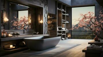 interiör design av elegant rymlig badrum, lyx badkar, romantisk atmosfär, ai generativ foto