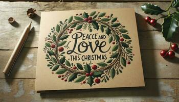 en rustik kort tillverkad av återvunnet papper, terar en hand dragen krans av järnek och bär. de central meddelande läser fred och kärlek detta jul. ai genererad foto
