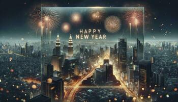 en stad horisont på natt med bländande fyrverkeri, och en transparent glas panel visning de Lycklig ny år meddelande. ai genererad foto