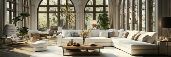 interiör design lyxig modern levande rum, minimal lång fönster, mysigt soffa, lugn natur landskap, elegant villa, ai generativ foto