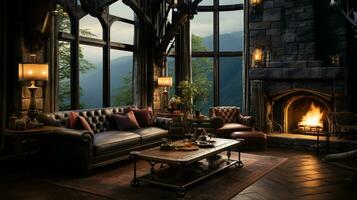 interiör design, skön levande rum gotik stil, lyx herrgård, elegant lång fönster, ai generativ foto