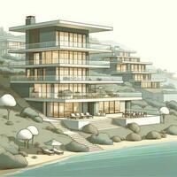 ett illustration av en flera nivåer modern villa belägen på en sluttning, utsikt en kustlinje, med terrasser på varje nivå och harmoniskt blandning med de miljö. ai generativ. foto