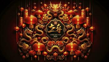 en strålnings bakgrund med djup röd och guld nyanser, utsmyckad lyktor, traditionell motiv, och de ord kinesisk ny år 2024 i elegant guld kalligrafi. ai genererad foto