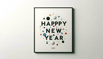 en minimalistisk vit affisch med Lycklig ny år i modern svart font, omgiven förbi abstrakt färgrik geometrisk former representerar konfetti. ai genererad foto