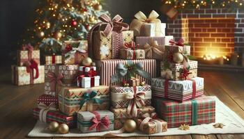 en stack av blandad jul gåvor insvept i festlig papper uppsättning mot en bakgrund av en blinkande jul träd och en mysigt öppen spis. ai genererad foto