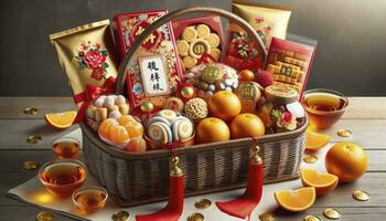 en kinesisk ny år gåva korg fylld med traditionell behandlar sådan som gyllene apelsiner, ljuv ris kakor, kanderad frukter, och vackert förpackade teer. ai genererad foto