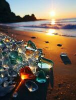 skön glas strand, färgrik småsten, fantasi havsbild, drömmande atmosfär, ai generativ foto