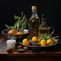 en bild av oliv olja och citron- på en trä- tabell i en rustik stil generativ ai foto