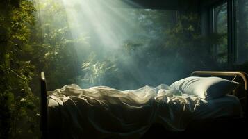 solljus lysande genom på till en säng, religiös landskap, ai generativ foto