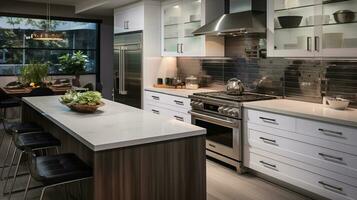 elegant möblerad kök, eleganta skön matlagning område, interiör design, ai generativ foto